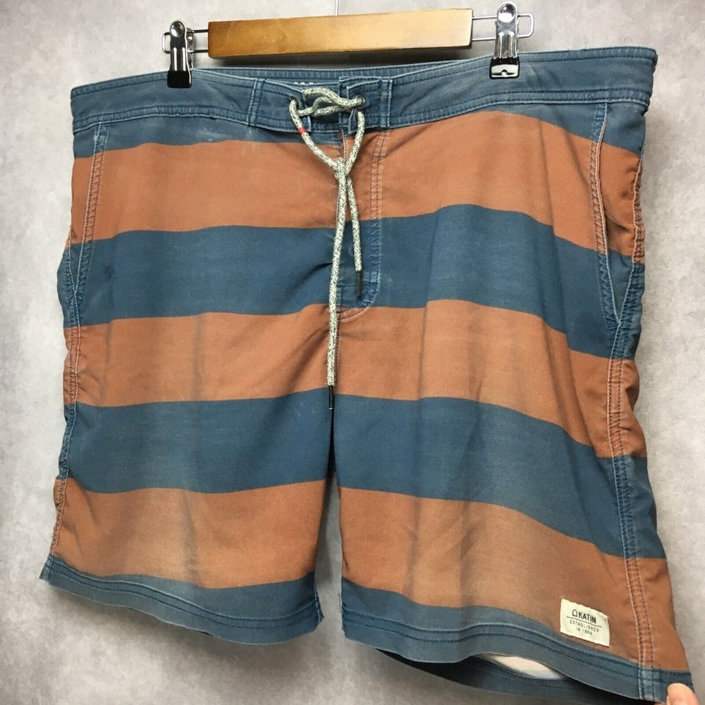 Katin Mens Swim Trunks Shorts - 40 Red Blue Striped Poly Stretch Blend Lace Up